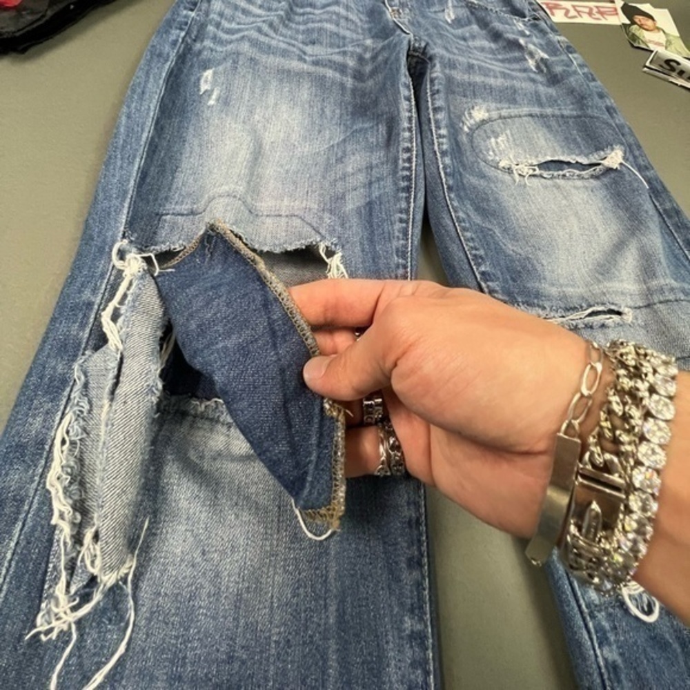 Thrashed Hige Faded Designer Denim Blue Ripped Jeans Stitching and Patchwork 💎 - Picture 7 of 16